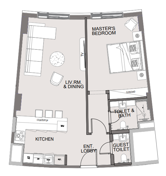 Adyah Residence Type A one-bedroom floor plan, 70 square metres