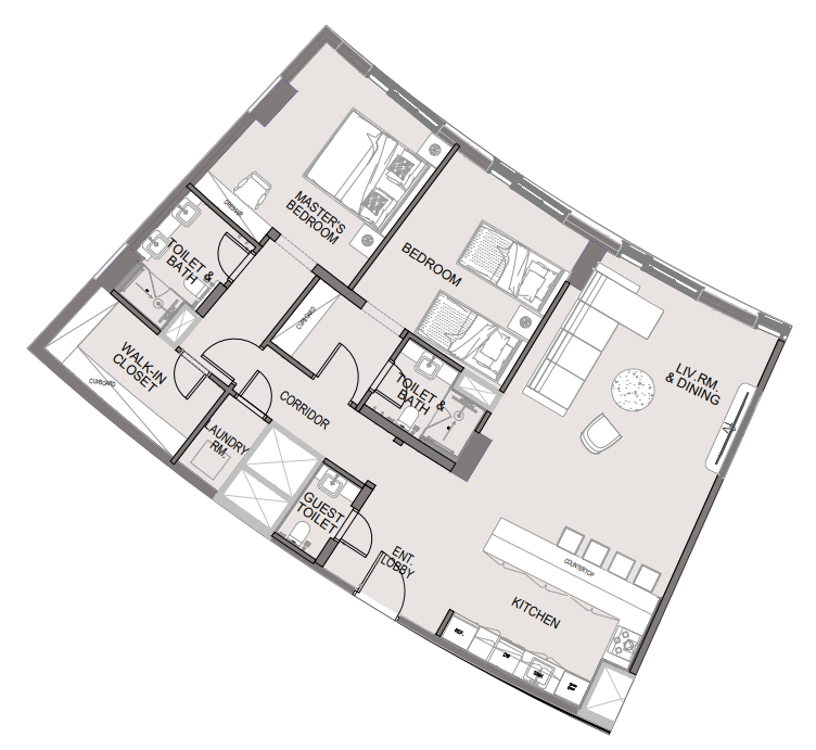 Adyah Residence Type B two-bedroom floor plan, 110 square metres