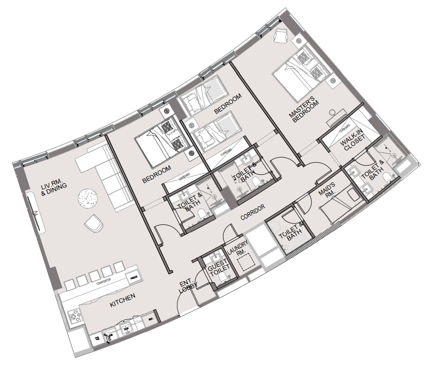 Adyah Residence Type C three-bedroom floor plan, 145 square metres